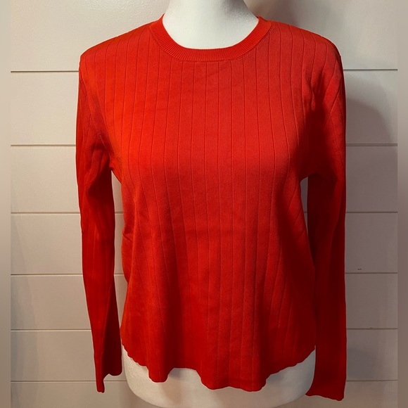 Mango fiesta red ribbed crew neck boxy cropped long sleeve pullover shirt - Picture 1 of 5